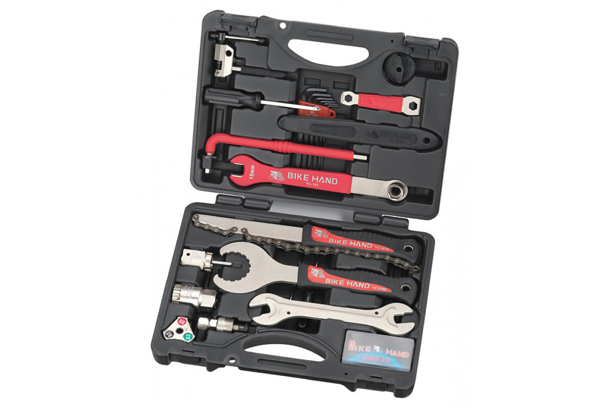 Deze Deluxe-set met 16 gereedschappen bevat alles wat u nodig hebt: minipomp, inbussleutels van 2 tot 15 mm, bandenlichter, plakpleisters, metalen rasp, reserveventielen en een 16-in-1 multifunctioneel gereedschap.