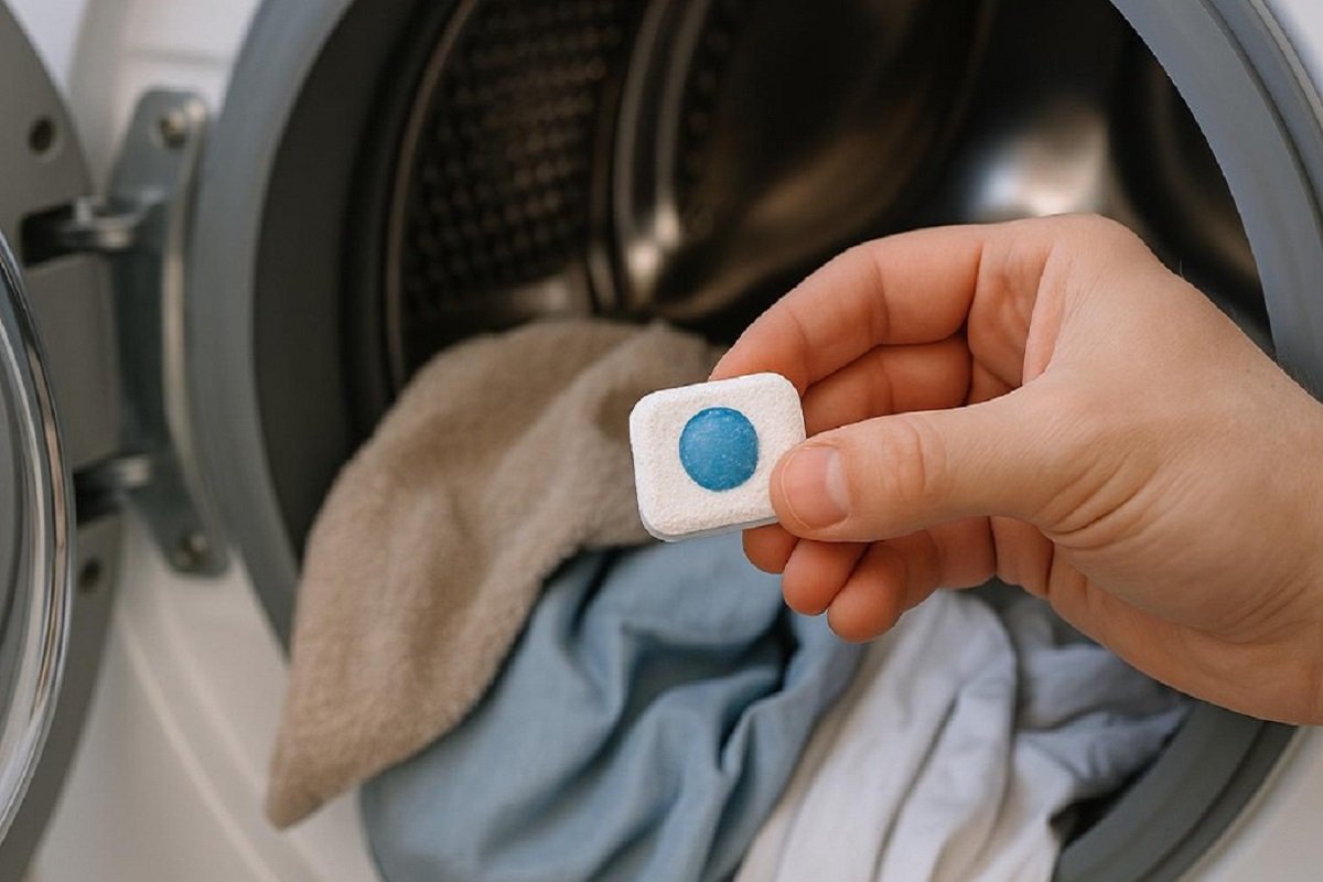 een tablet van het afwasmiddel uit de vaatwasser wordt in de wasmachine gedaan